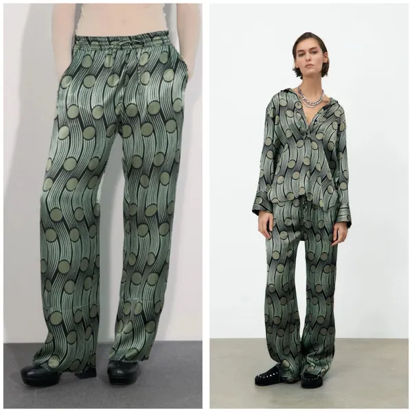 Zara Green Geometric Flowy Satin Cropped Pants Size Large Abstract Funky Boho - Image 2