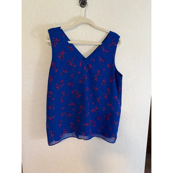 Ann Taylor Factory Tank Top Blue L Womens Floral V-Neck Sleeveless‎ Blouse - Image 7