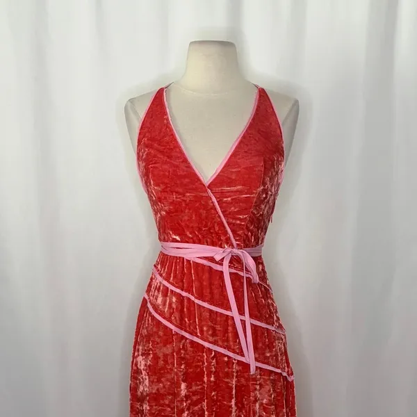 FREE‎ PEOPLE Deia Velvet Midi Dress Pink Rose Strappy Dainty Romantic X-Small - Image 3