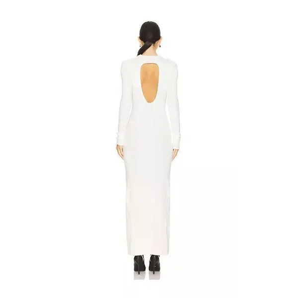 Lamarque Lindsay Dress White Textured Knit Open Back Maxi Long Sleeve Mock Neck - Image 2