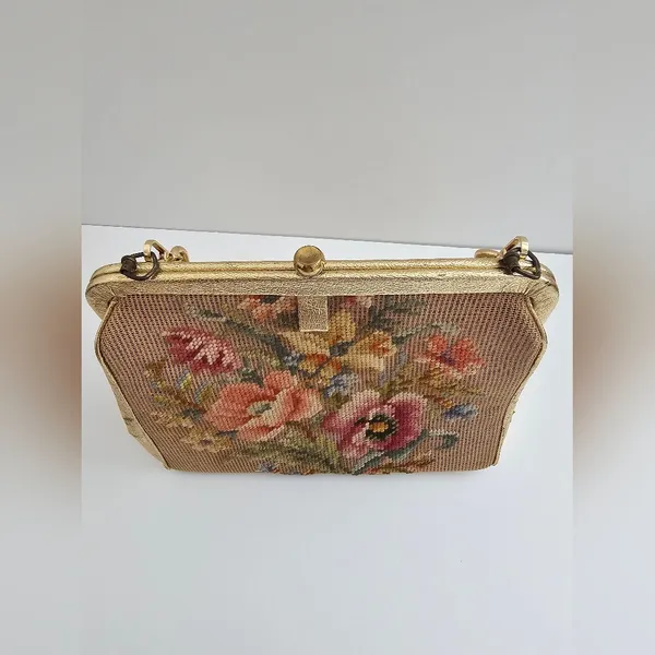 Vintage Souré Bag NY Tapestry Handbag - 1950s Floral Needlepoint & Gold Shimmer - Image 3