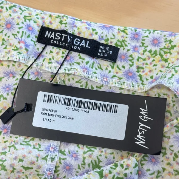 NWT Nasty Gal Petite Button Front Cami Dress Lilac Floral Tie Shoulder Mini US 4 - Image 7