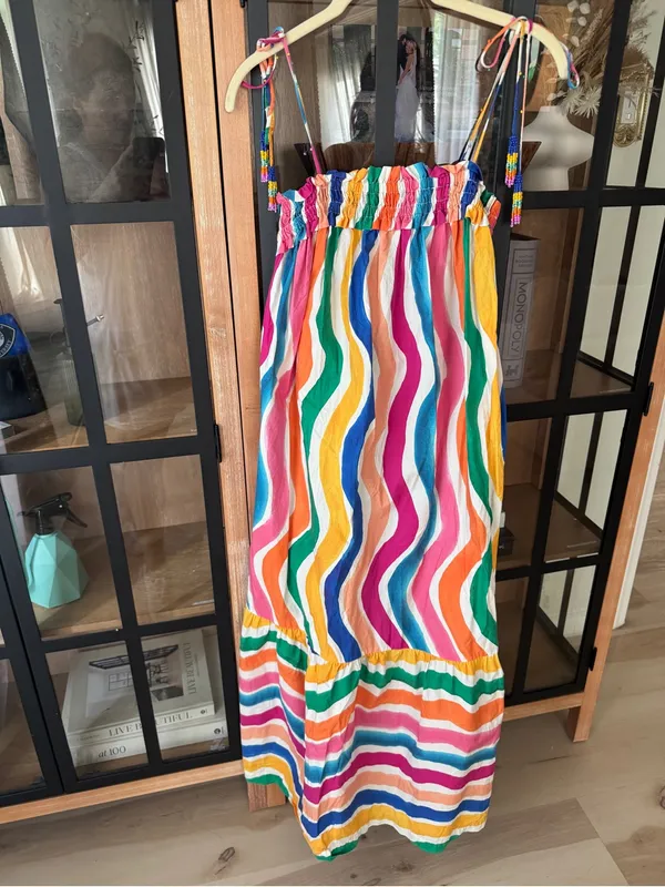 FARM RIO Maxi Dress rainbow colorful Wavy Dancing Stripes Beaded Tassel - Image 6