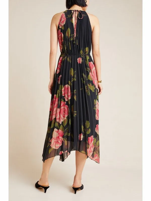 NWT‎ Anthropologie Emeline Black Multi Floral Pleated Boho Midi Dress - Image 2