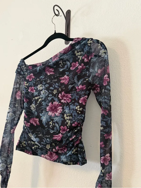 Anthropologie Mesh Off-Shoulder Asymmetrical Floral Ruched Top - Image 8