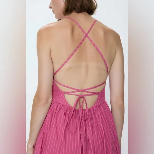 Pistola Sadee Open Back Midi Dress Magenta Pink Stripe Cotton Summer Sundress L - Image 6