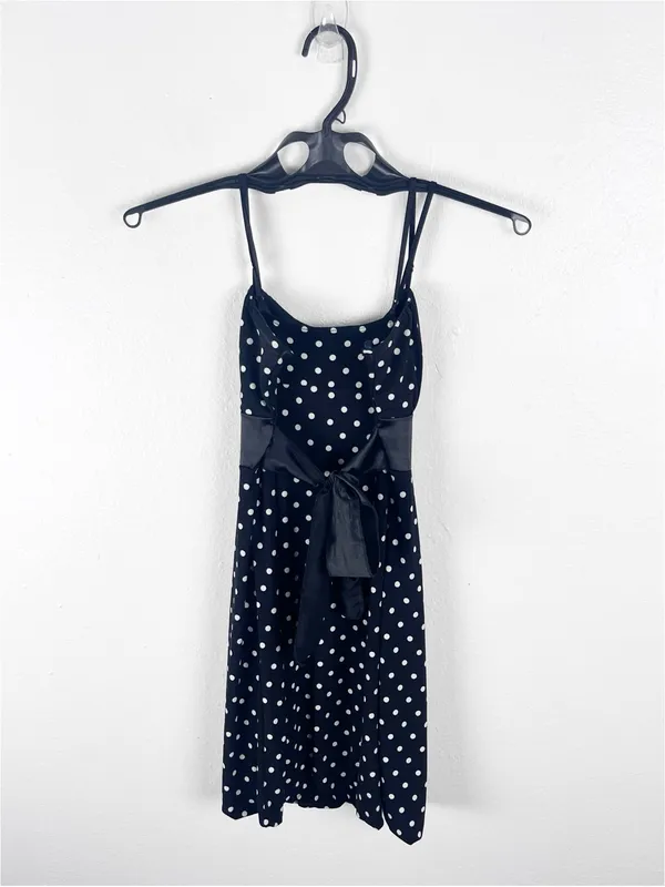LIPSTICK Black White Polka Dot Bow Waist Spaghetti Strap Bubble Hem Dress Small - Image 2