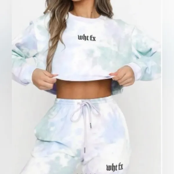 White Fox Boutique Tie Dye Cropped Sweatshirt‎ in Pink Green Multi Size Small - Image 6