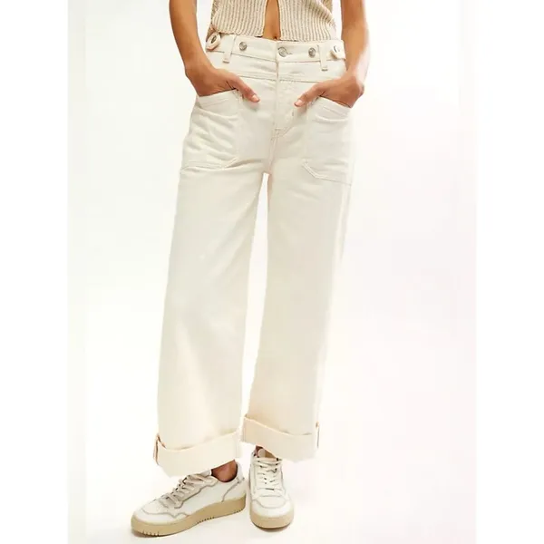 Free People Palmer Cuffed Wide Leg Tab Waist Jeans Size 27 Eggshell White Wash - Image 14