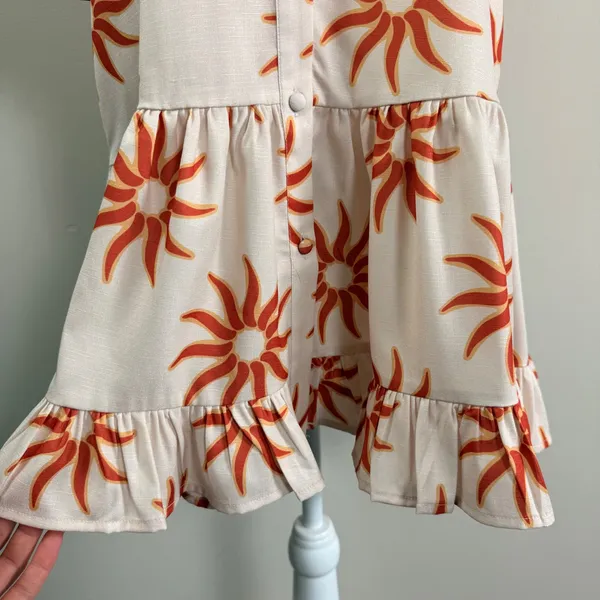 Petal & Pup Ren Soleil Sun Print Mini Dress Ruffle Bell Sleeve Cream Orange Med. - Image 6