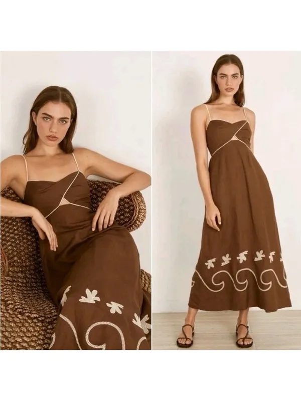 Mon Renn Fresco Embroidered Linen Blend Midi Dress - Image 2