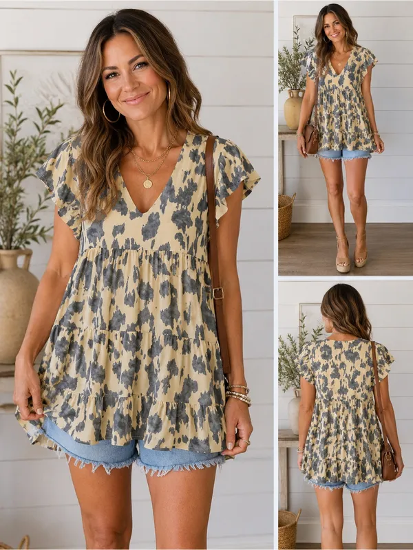 entro Beige and Gray Floral V-Neck Tiered Flutter Sleeve Tunic - Image 2