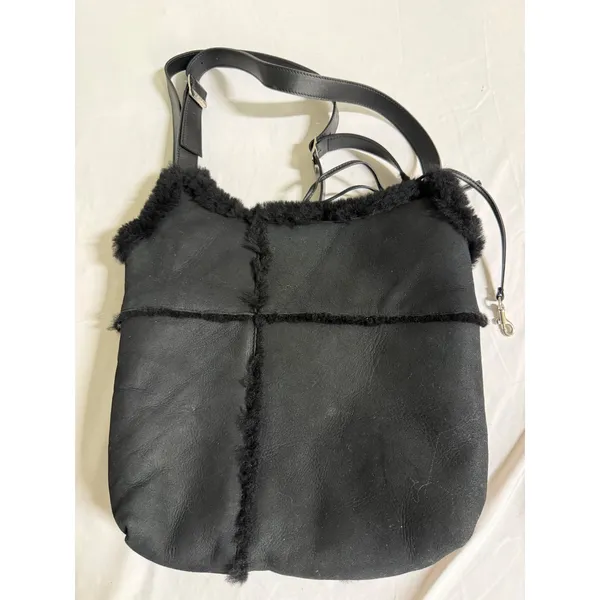 UGG Australia Black Suede Shearling Crossbody Bag Leather Strap Hobo - Image 4