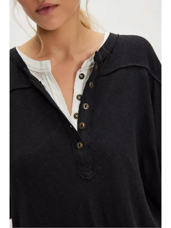 Free People Oversized Slouchy Cotton Linen Henley Tee in Black Medium NWT - Image 3