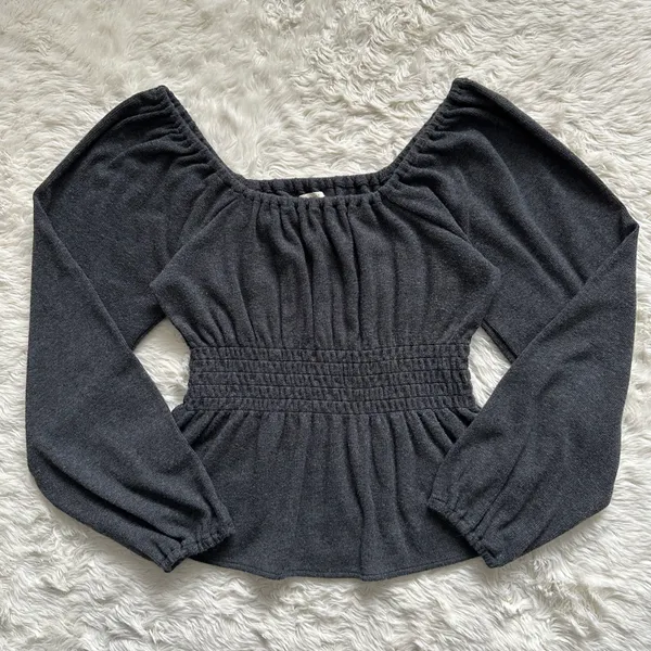 Sweater Plush Square-Neck Smocked Top Long Sleeve Dark Gray M - Image 3