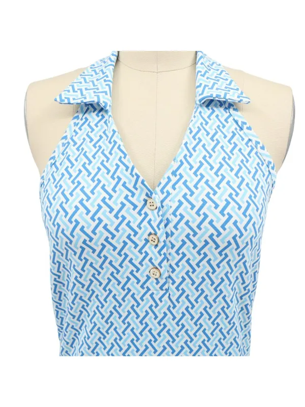 J. McLaughlin Blue White Printed Catalina Cloth Collared Halter Top S - Image 3