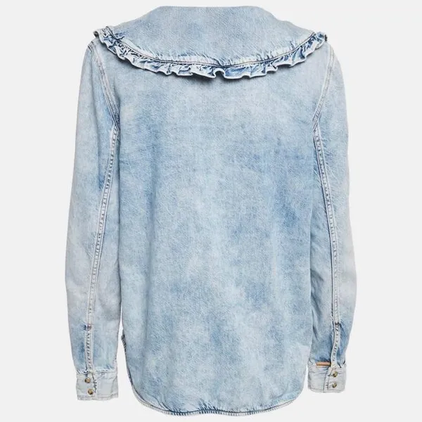 Ganni Peter Pan Collared Ruffle Denim Shirt Indigo Blue 34/XS - Image 3