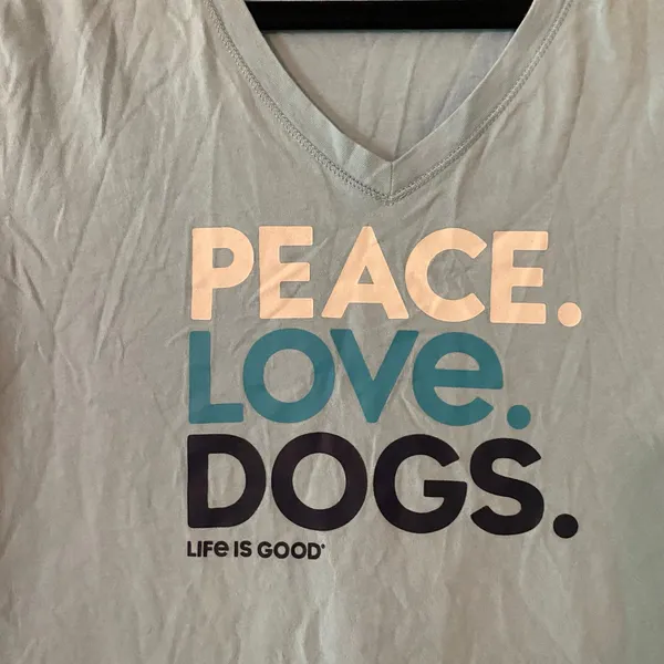 Life Is Good Blue V-neck Tee Cotton Peace Love Dogs Gorpcore Women's size Medium - Image 3
