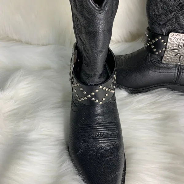 Handmade Womens Black Studded Leather Metal Buckle Removable Boot Band One Size - Image 4