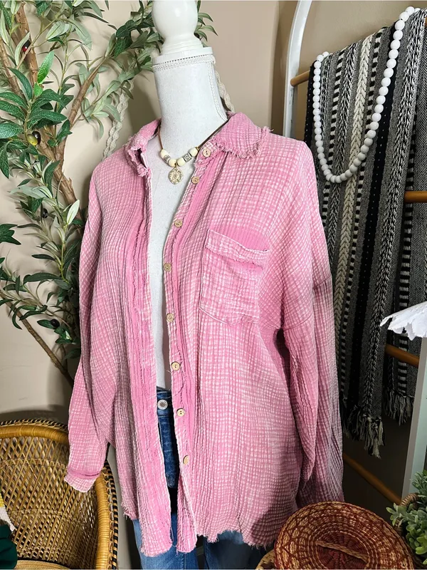 Zenana Pink Double Gauze Waffle Raw Hem Button Up Shirt - Image 4