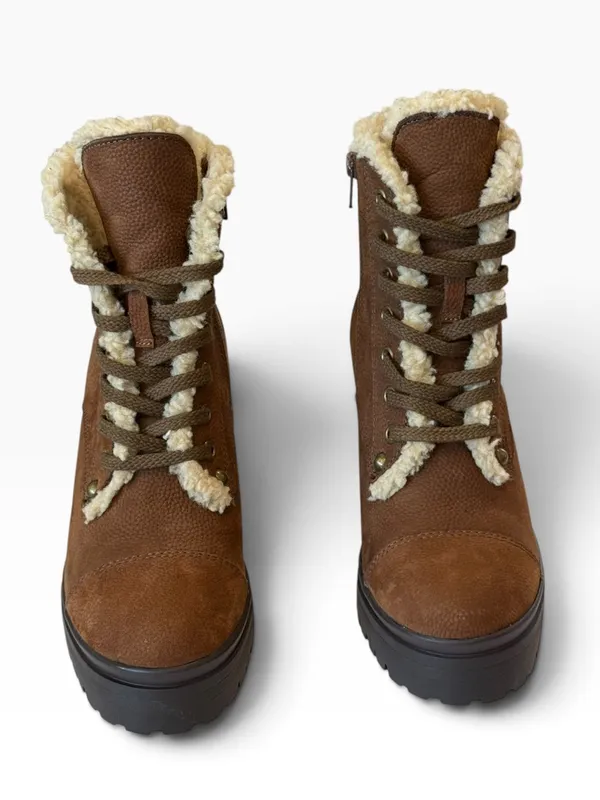 JEFFREY CAMPBELL Scaveng Sh Leather Boot Faux Shearling Lining Brown 8.5 - Image 5