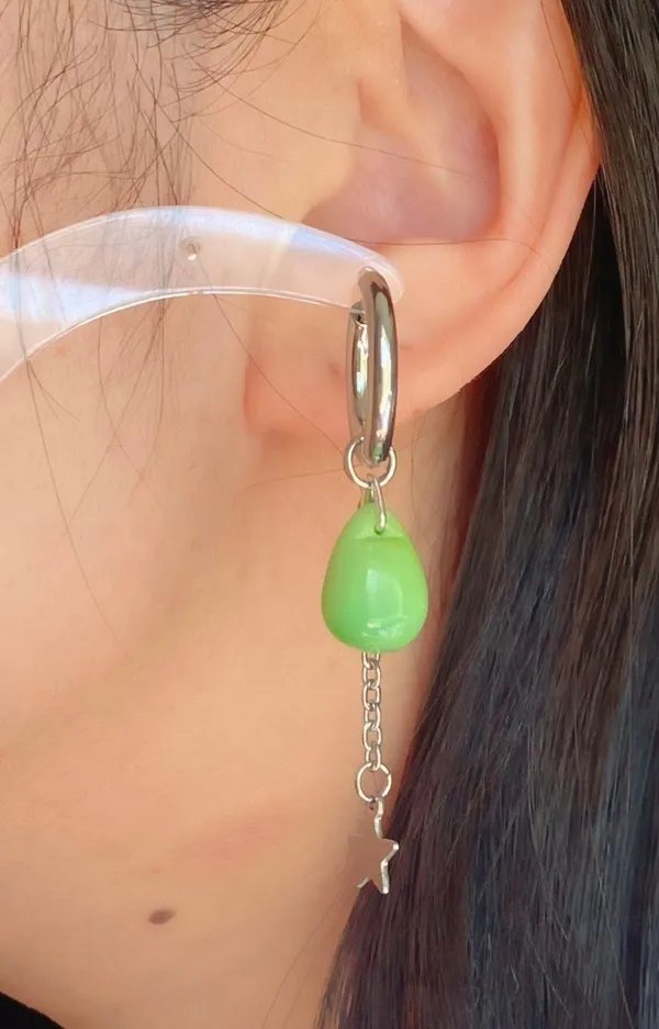 green opal teardrop Czech glass beads & stainless steel stars 4WAY hoop earrings💚 - Image 7