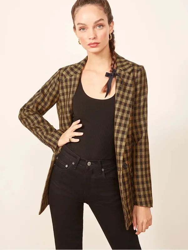 Reformation Lazer Checked Open-Front Blazer Jacket Black size XS - Image 3