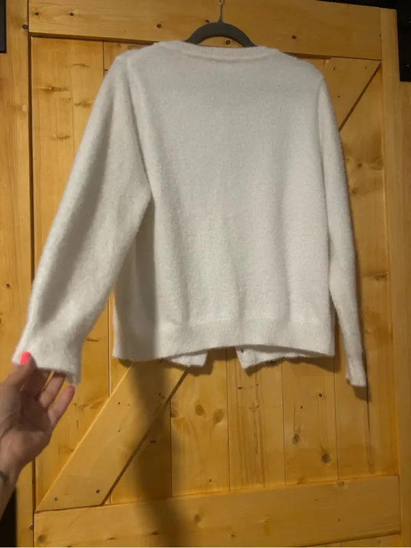 Nanette Lepore Cream Fuzzy Cardigan Sweater Gold Chain Trim‎ Tweed Vibez XL⁠ - Image 6