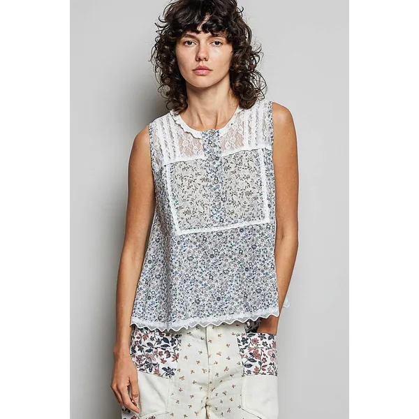 POL Printed Woven Lace Back Round Neck Sleeveless Top - Medium - Image 2
