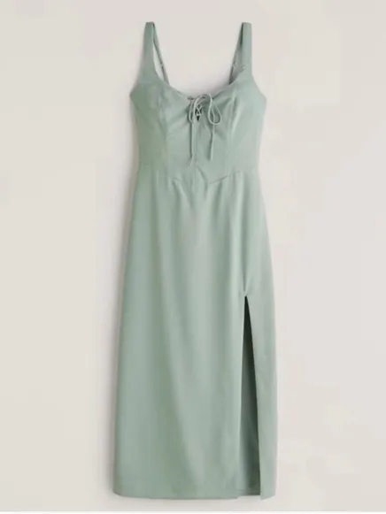 Abercrombie & Fitch Corset Lace-Up Midi Dress Slit Light Green Large Petite - Image 2