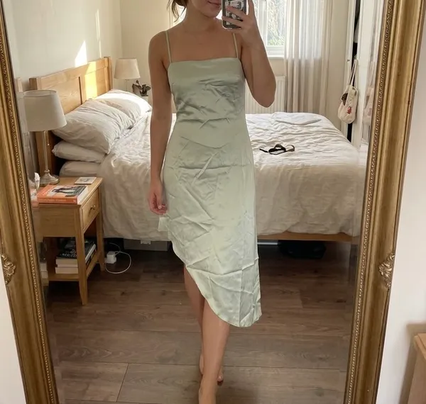 Sage Green Satin Asymmetric Midi Dress with Tie Straps - Image 2