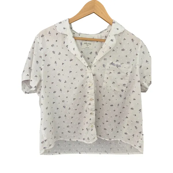 Gilly Hicks Sleep Pajama Top Large White Floral Swiss Dot 100% Cotton Button - Image 11