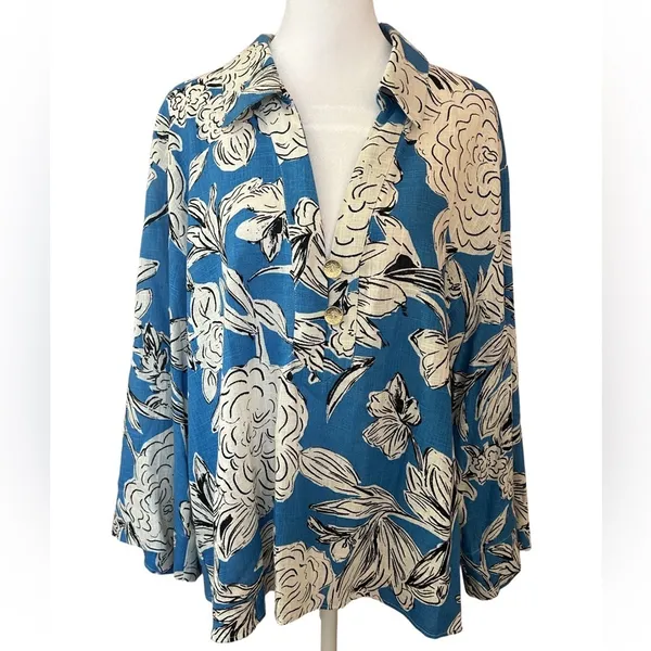 ZARA Blue White Floral Linen Blend Blouse Top NWT XL Oversized Kimono Sleeve - Image 8