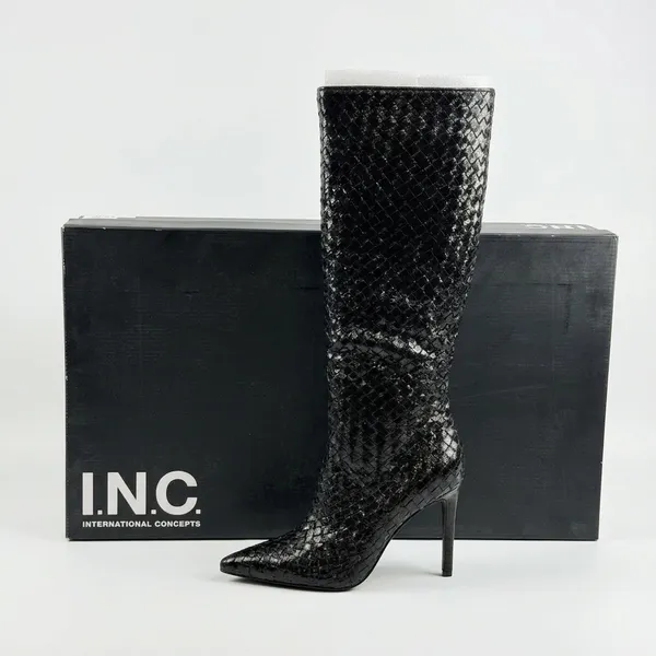 INC International Concepts Size-9.5M Black Woven High Stiletto Boots Pointed Toe - Image 2