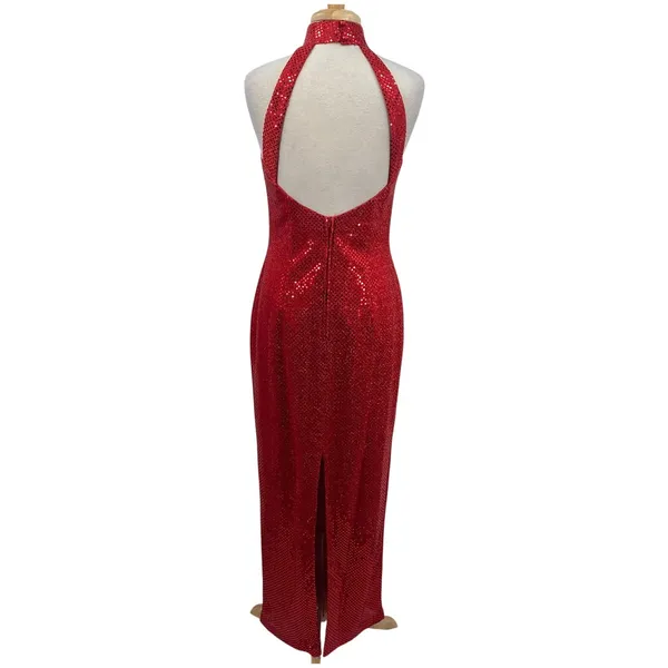 Vintage 90s Sequined High Neck Gown Open Back Maxi Dress Red Womens 8 - Image 8