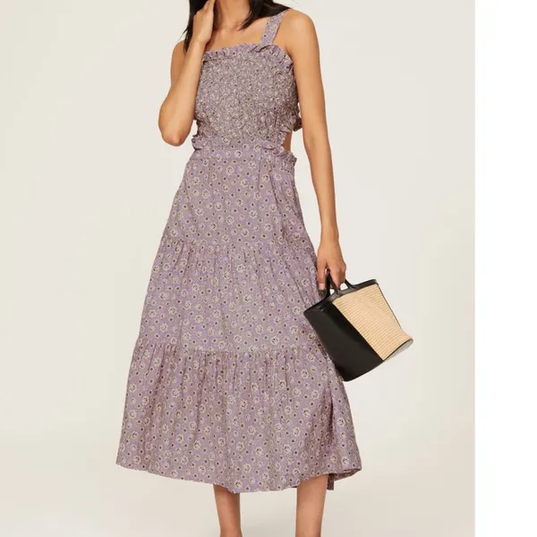 SEA‎ NEW YORK Ida Apron Dress Floral Open Back Midi Size Small Lavender Purple - Image 4