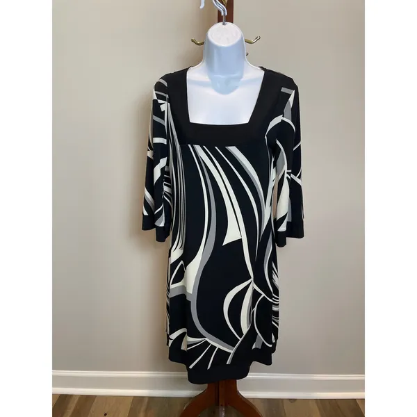 White House Black Market S Black White Pattern Shift Dress Square Neck - Image 3