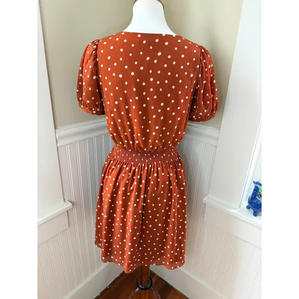Madewell Smocked-Waist Mini Dress Polka Dots Burnt‎ Clay Puff Sleeve XS - Image 3