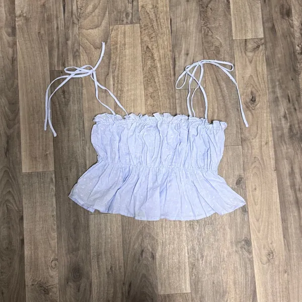 Hello Molly blue ruffled dotted textured peplum top - Image 2