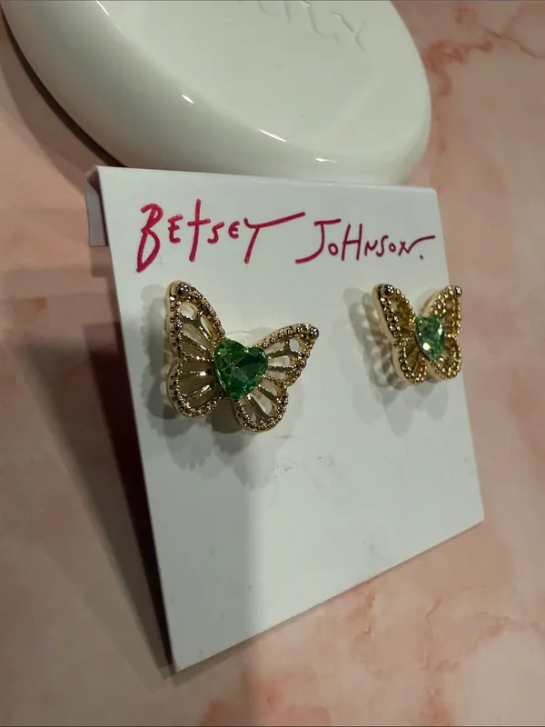 Betsey Johnson Gold Butterfly Stud Earrings with Green Crystal | Sm/Med - Image 3
