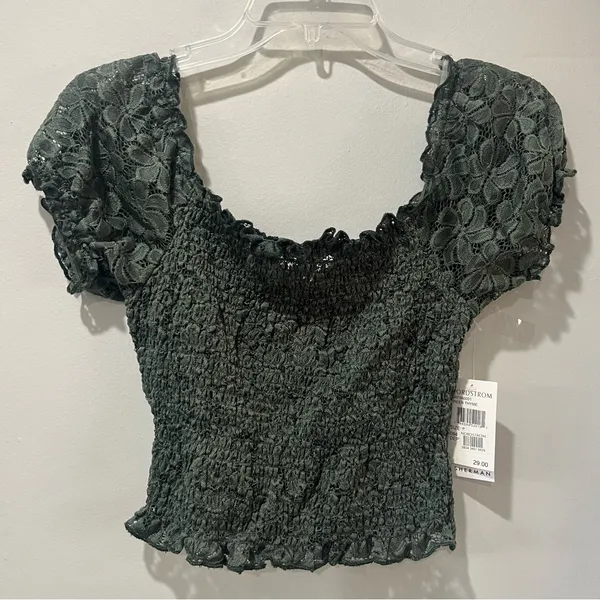 NWT Ten Sixty Sherman shirt Nordstrom Small Green Crop‎ Lace STRETCHY NEW - Image 2