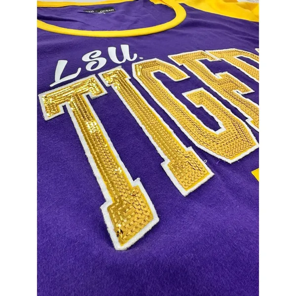 LSU Tigers Women’s Top M Purple Gold Sequin Raglan 3/4 Sleeve Shirt Football - Image 3