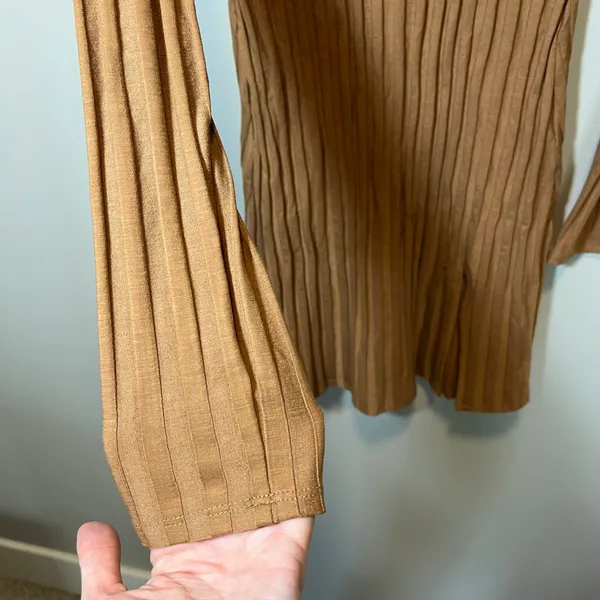 Reformation Brown Ribbed Mock Neck Long Sleeve Mini Dress Slit Size M USA - Image 3