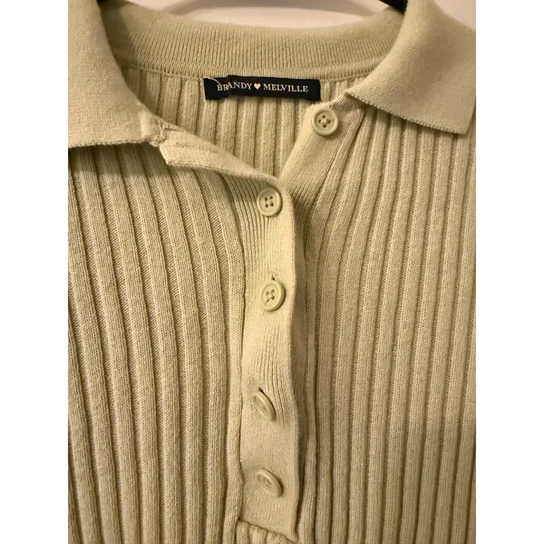 Brandy Melville Sage Green Ribbed Knit Polo Crop Top Small Cotton Short Sleeve - Image 3