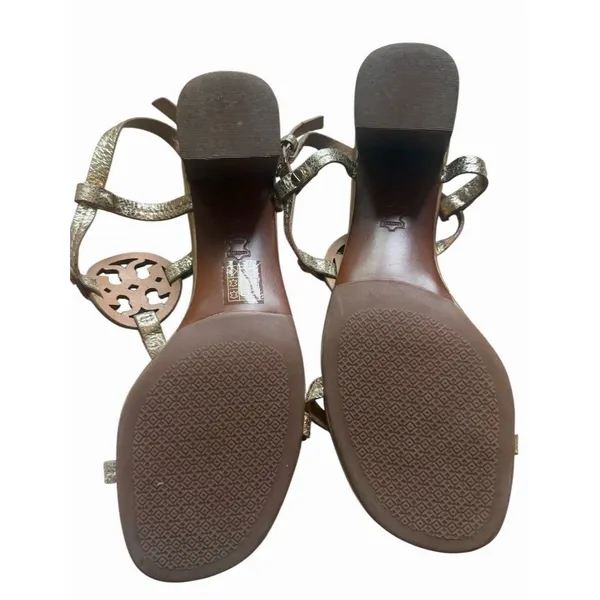Tory Burch Gold Metallic T-Strap Wood Block Heel Sandals Logo Leather 8 Designer - Image 11