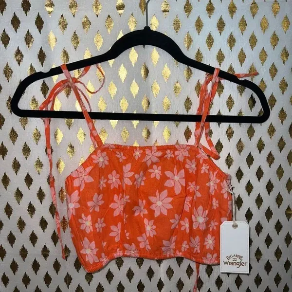 NWT orange Billabong X Wrangler Perfect Pair Tie Strap Floral Daisy Crop Top siz - Image 6