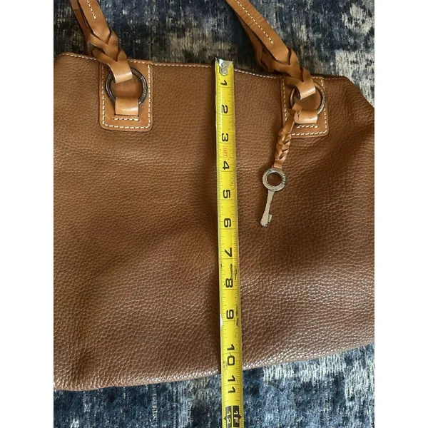 Fossil Purse Brown Leather Silver Key Hardware Zip Close Pockets Braided Handle - Image 5