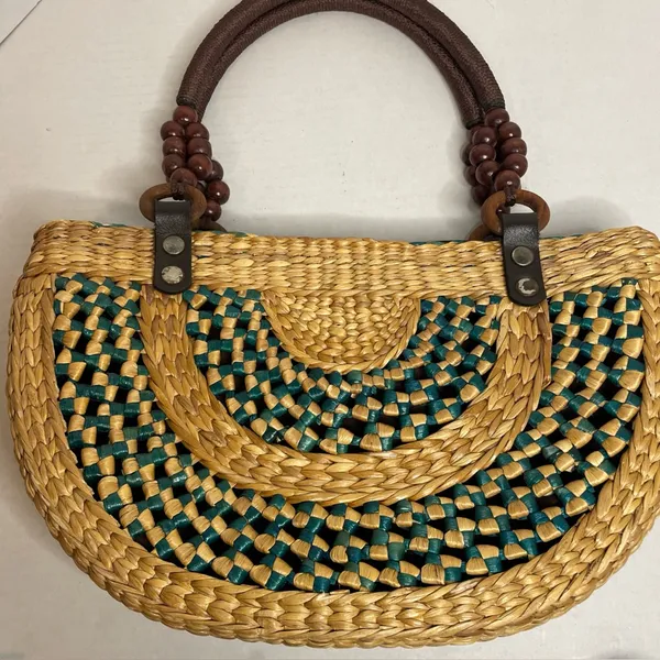 Brown Tan Teal Woven Straw Women’s Purse Handbag Wood Bead Accents Boho Beach - Image 6
