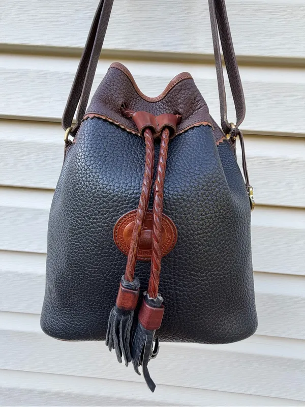 Vintage Dooney & Bourke All Weather Leather Black Brown Drawstring Bucket Bag - Image 4