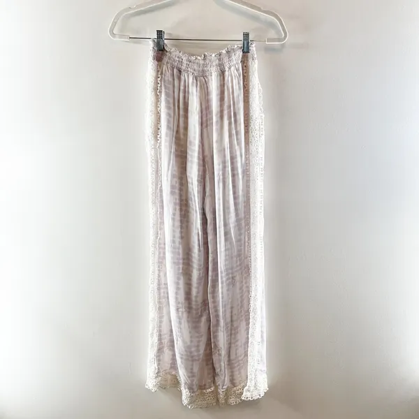 Surf Gypsy Tie Dye Smocked Drawstring Crochet Hem Wide Leg Pants White Purple - Image 6